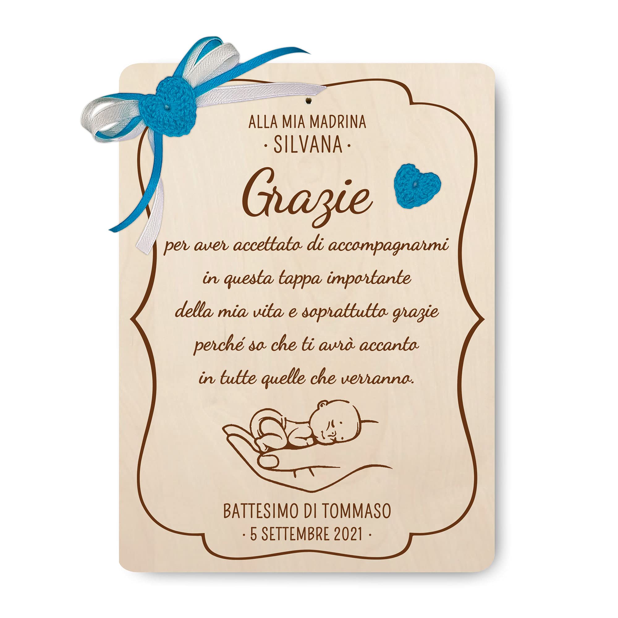 Crociedelizie, targa targhetta tavoletta ricordo ricordino per madrina padrino battesimo cresima idea regalo ringraziamento personalizzata nome e data completa di scatola regalo in omaggio