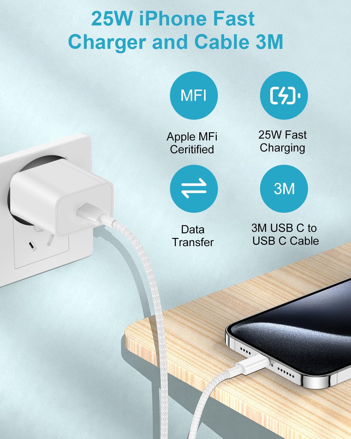 Chargeur Rapide 30W USB-C Avec Câble 3m - Pour IPhone 17/16/15, IPad Pro/Air - Technologie PD - Sécurisé Et Compatible