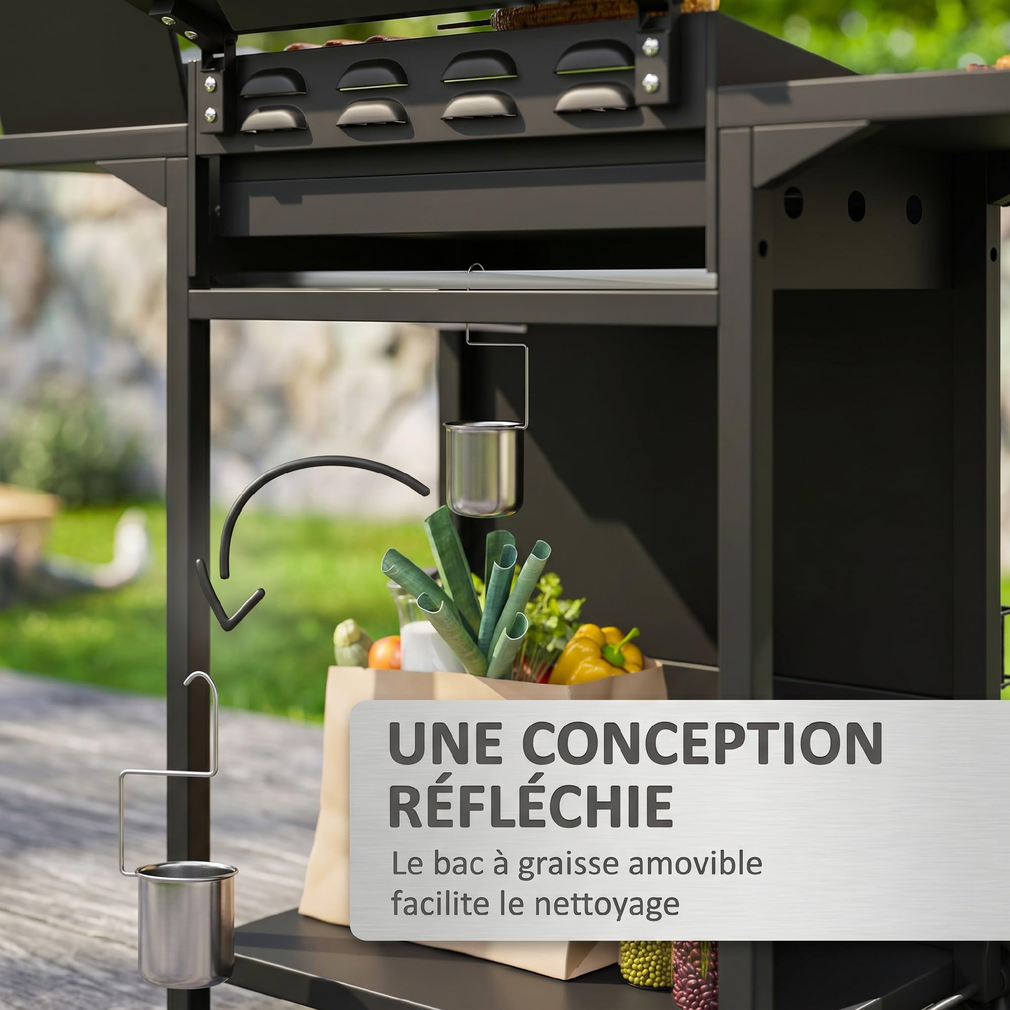 Outsunny Barbecue Gaz 3+1 Brûleurs en Acier, Puissance 9,5 kW, Grill de Jardin avec 2 Grilles Chromées, Étagères Latérales, Couvercle, Thermomètre, 2 Roues, Noir