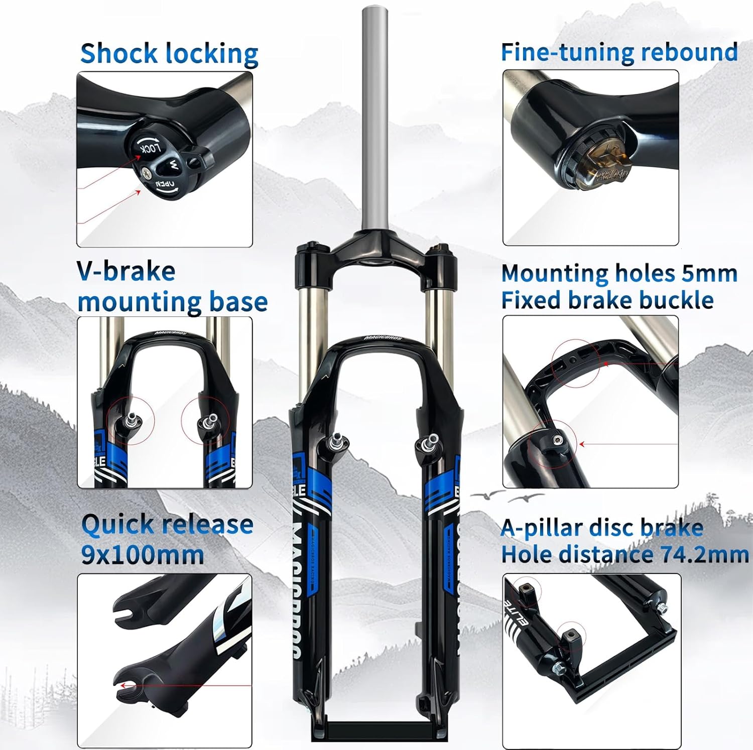 Mountain Bike Suspension Fork 26 Inch 100mm Travel 1 1/8 Straight Tube QR 9mm Aluminum Alloy Mechanical Fork Disc/V Brake Shoulder Control Mountain Bike Fork