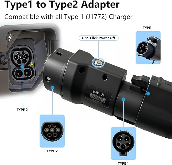 EV Type 1 to Type 2 Adapter Electric Vehicle Charging Adapter SAE j1772 to IEC62196 EV Charging Adapter