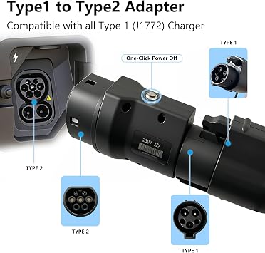 EV Type 1 to Type 2 Adapter Electric Vehicle Charging Adapter SAE j1772 to IEC62196 EV Charging Adapter