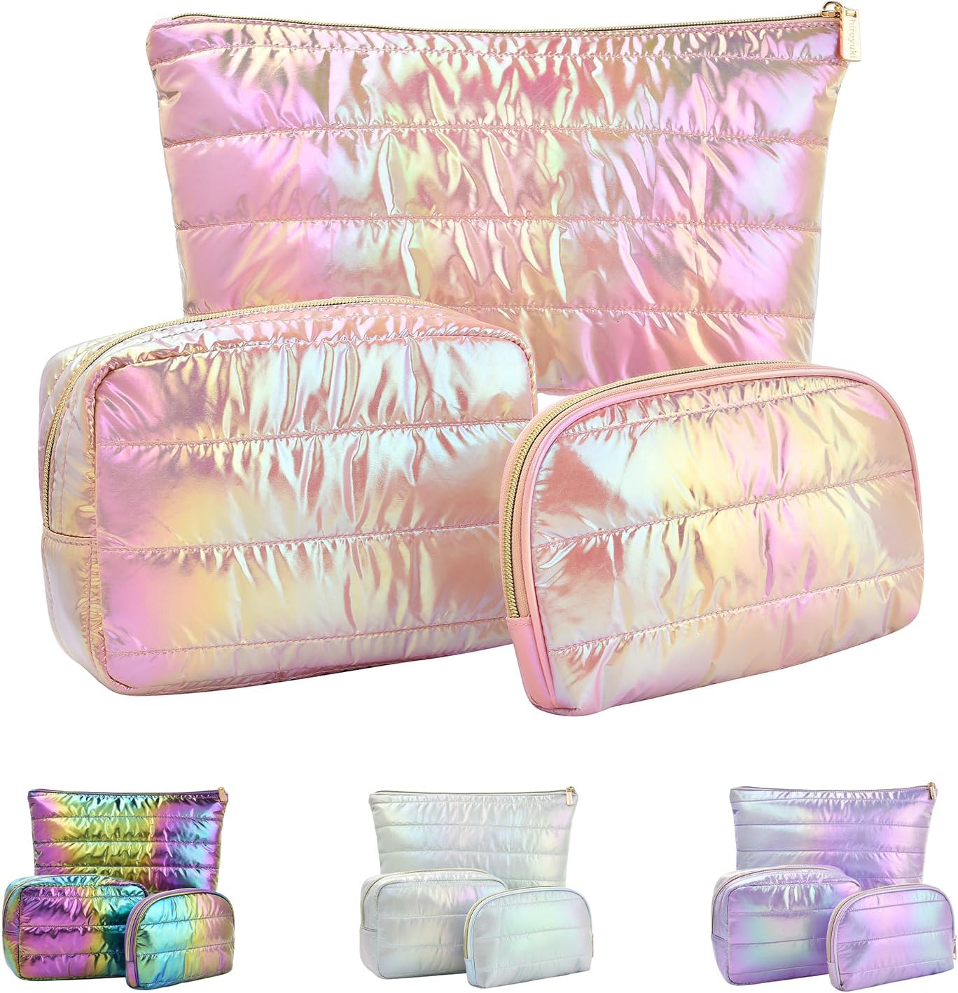 Hiroyuki Iridescent Quilted Makeup Bag, 3pcs Cute Makeup Bag Set, Large Capacity Cosmetic Organizer Travel Toiletry Pouch (plain, pink)