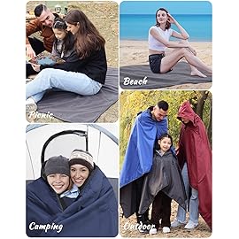 DUKUSEEK Outdoor Wearable Camping Blanket, Large Packable Backpacking Hooded Stadium Blankets, Lightweight Warm Quilt for Picnic, Hiking, Football, 79X56, Wine Red