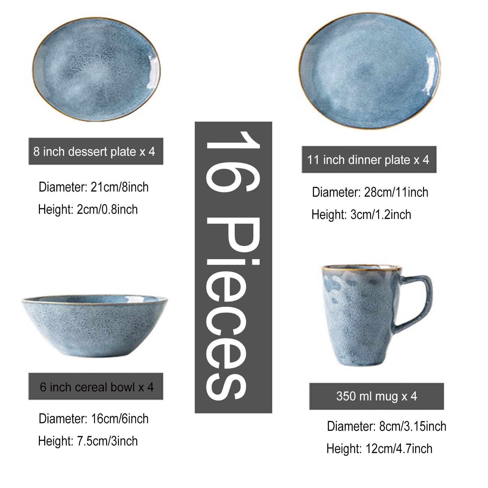16-częściowy porcelanowy zestaw obiadowy z talerza płaskiego, talerza deserowego, miski na płatki śniadaniowe i kubek, porcelanowy zestaw naczyń dla 4 osób