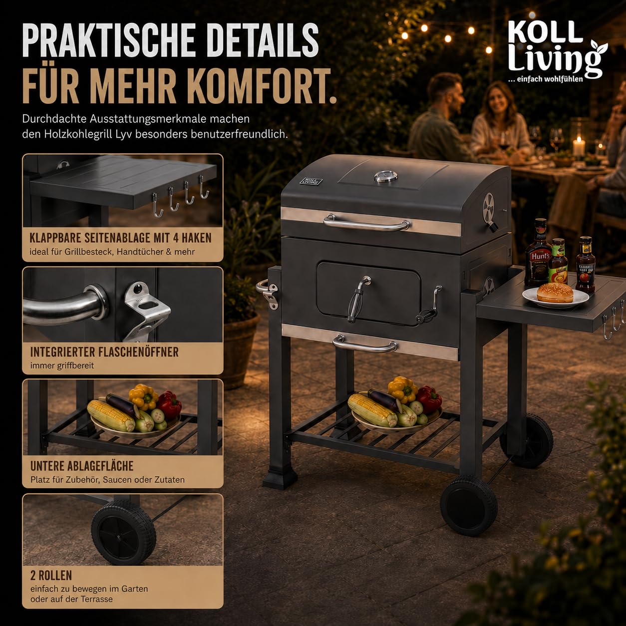 Koll Living Holzkohlegrill Lyv | Grillwagen mit Deckel, Thermometer & höhenverstellbarer Kohlewanne für optimale Hitzesteuerung | Seitenablage & Rollen