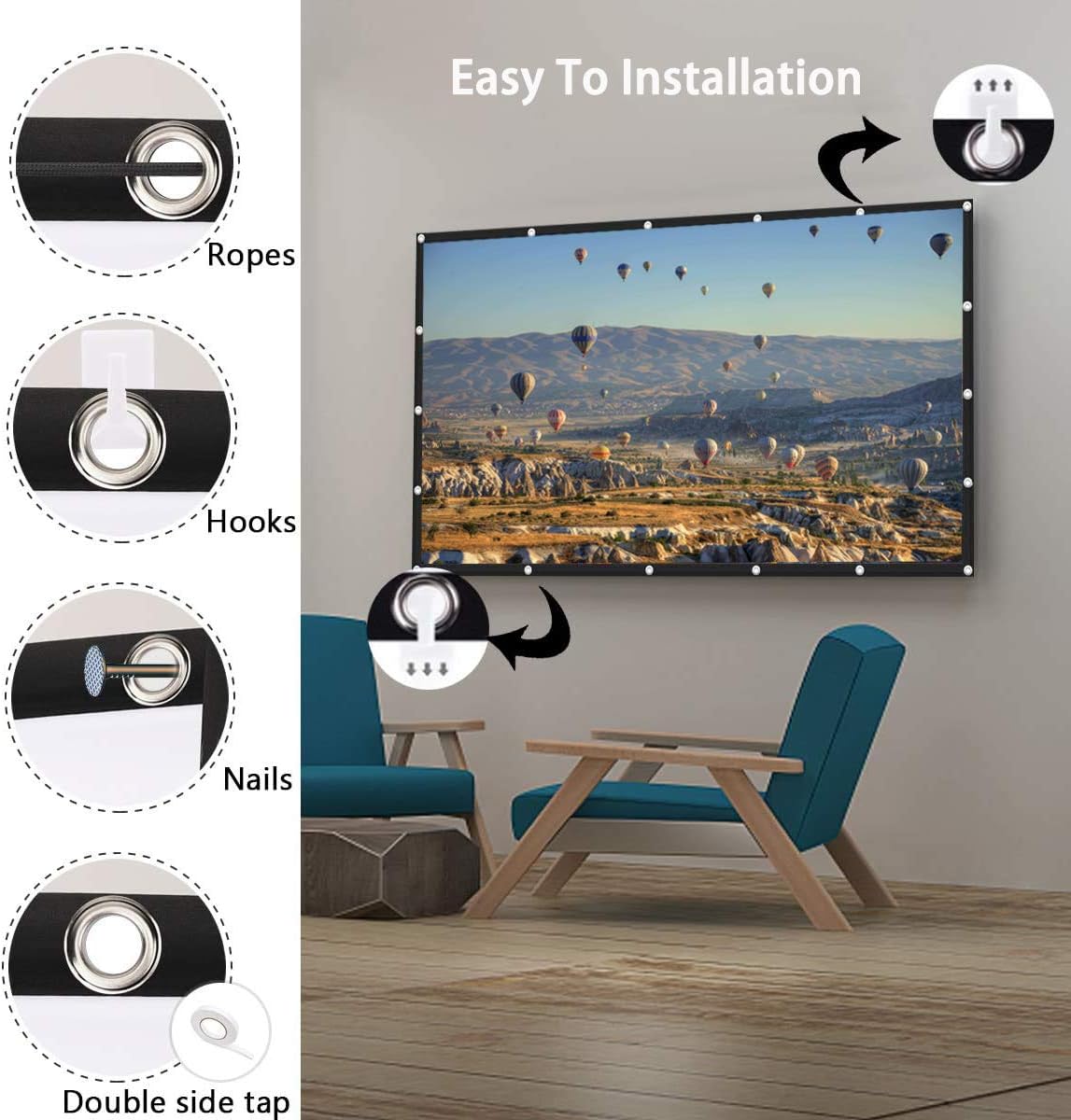 ASHATA Projector Screen 16:9 HD 4K Portable Foldable Projection Screen with Black Edging and Hanging Holes for Home Theater Cinema Indoor Outdoor Front and Rear (120Inch)