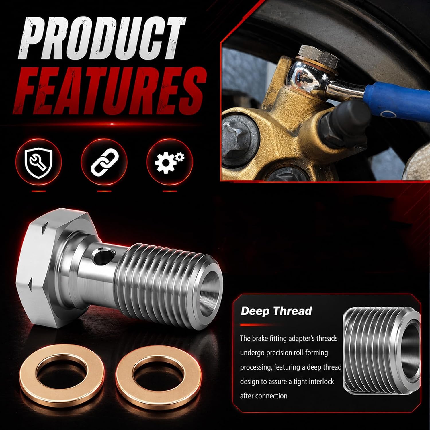 M10x1.0 Metric Banjo Bolt,Heavy Duty Stainless Steel Brake Line Fitting Adapter for Secure High Torque Connection,Car Bolts Kit with 2 Copper Washers Car Accessories