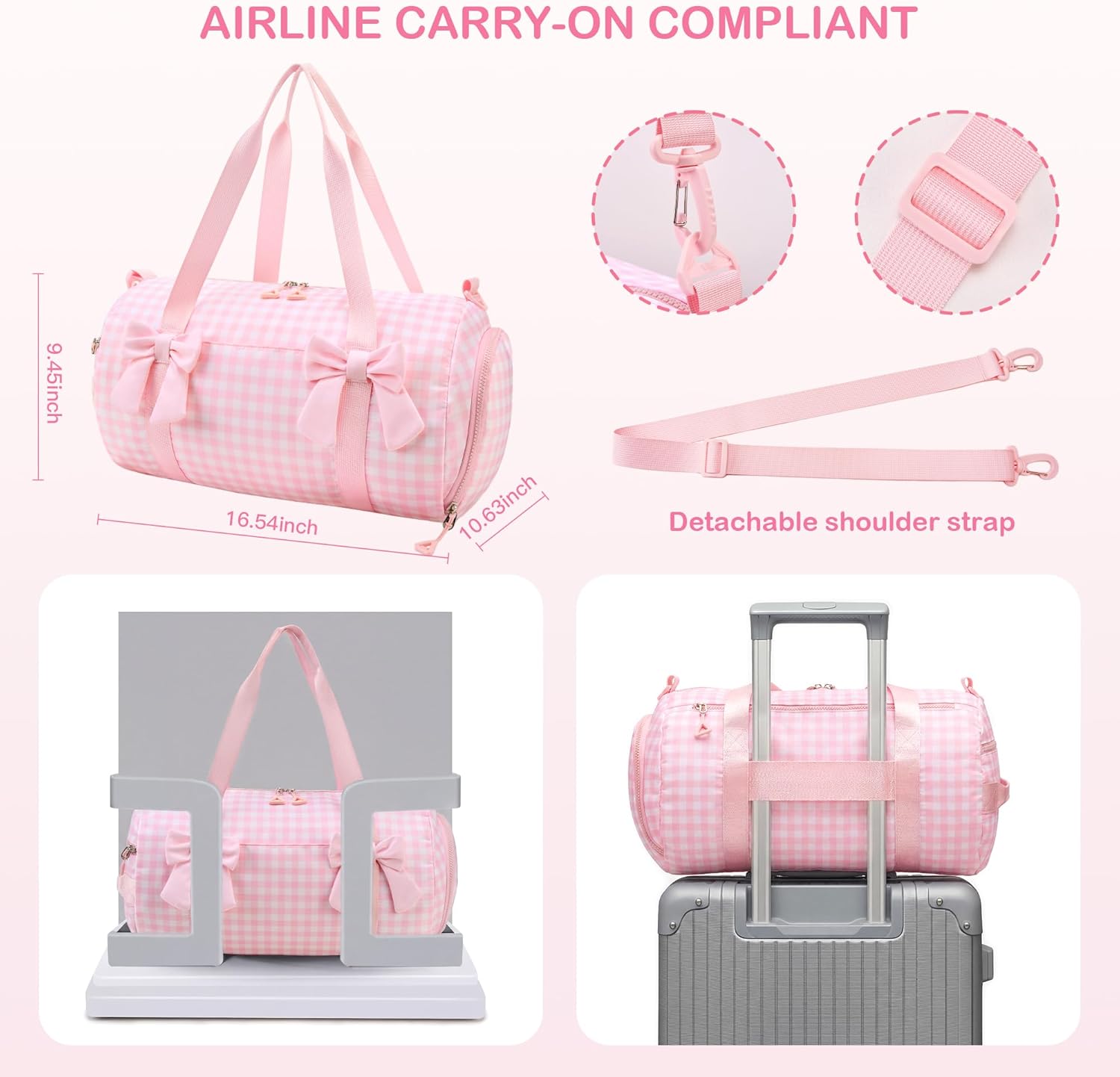 STELLE Dance Bag for Girls Ballet Gymnastics Duffle Bag with Shoe Compartment Kids Sports Dance Tote Bag for Dance Class Travel（Pink Gingham,F）