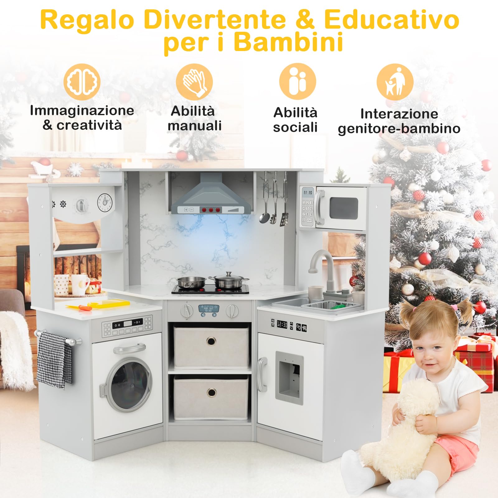 GYMAX Cucina da Gioco ad Angolo, Cucina Giocattolo in Legno con Luci e Suoni Realistici, Sistema di Circolazione dell'Acqua, Lavatrice e Accessori, per Bambini dai 3 Anni+ (Grigio)