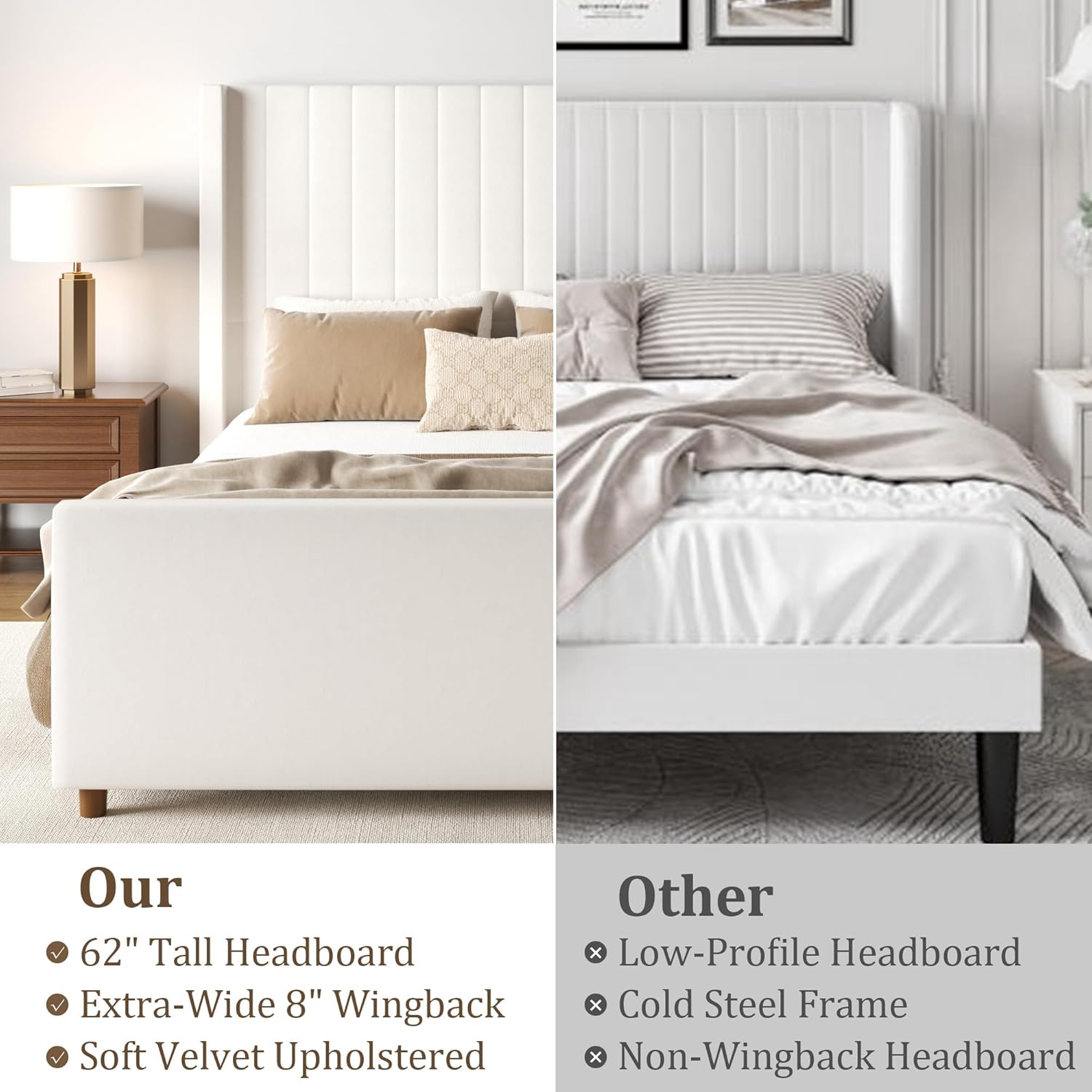 Queen Size Bed Frame, Upholstered Platform Bed with 58.2" Tall Headboard & Footboard, Soft Velvet Fabric, No Box Spring Required, Easy Assembly, Beige