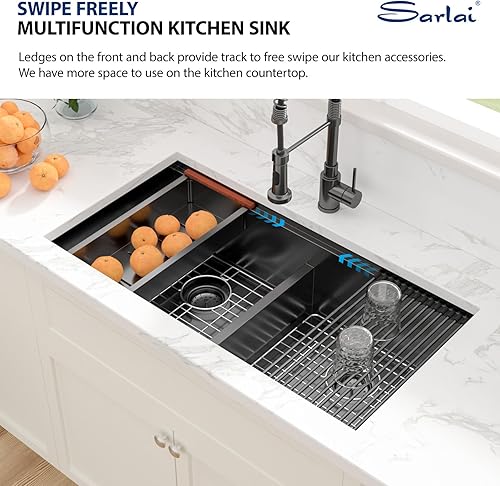 Vista 116 de Sarlai Fregadero doble de 33 piezas para empotrar - Fregadero de cocina de 33 x 19 pulgadas, acero inoxidable de calibre 16, esquina redonda, doble