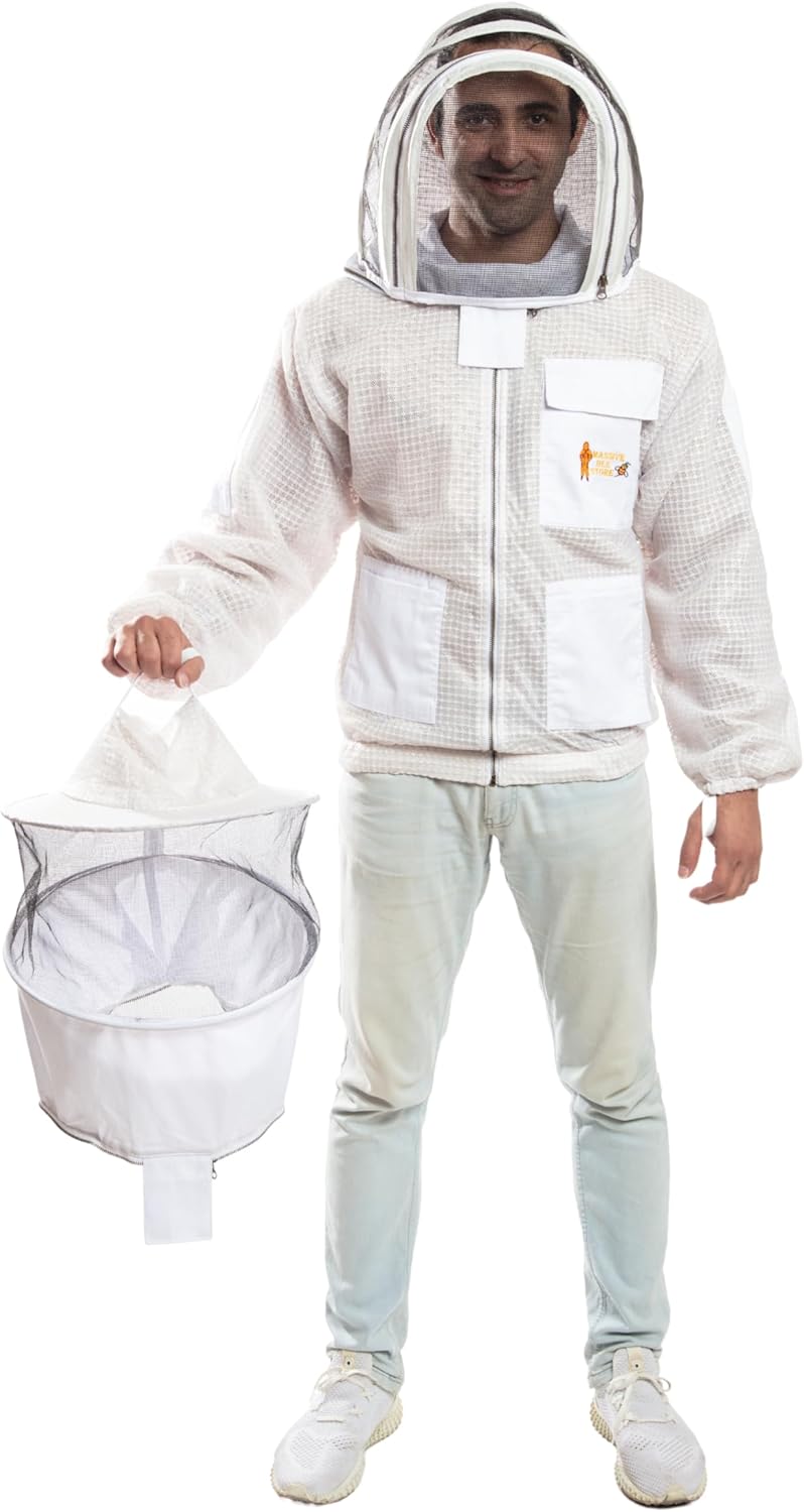 -- Beekeeping Fully Ventilated Jacket in Multi-Color with Round Veil (XL, White with Two Veils)