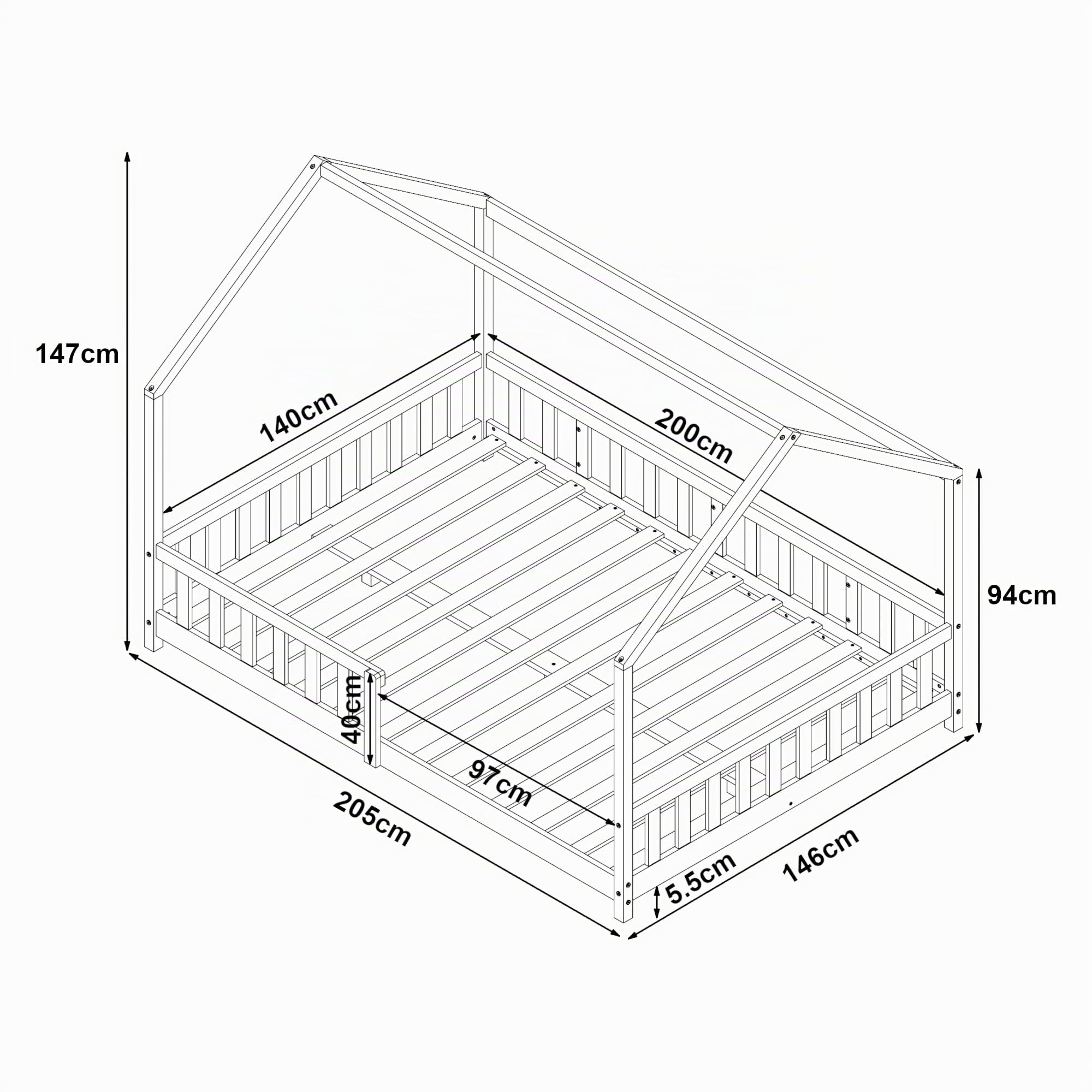[en.casa] Lit Cabane Lit Double en Forme de Maison avec Sommier à Lattes Barrière Protectrice Capacité 200 kg Matelas à Mousse Froid Bois de Pin Contreplaqué 140 x 200 cm Blanc