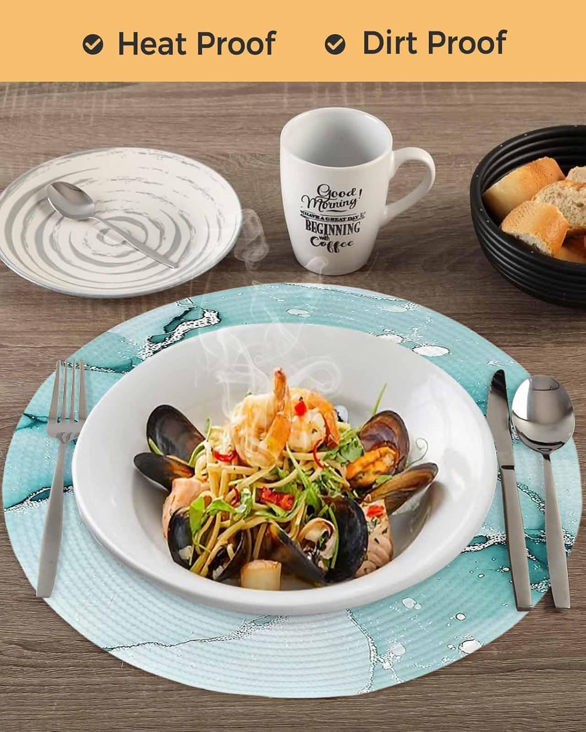 Round Placemats Ombre Turquoise White Marble Texture 15 inch Placemats for Dining Tables Abstract Art Round Table Mats for Kitchen Decoration Set of 6