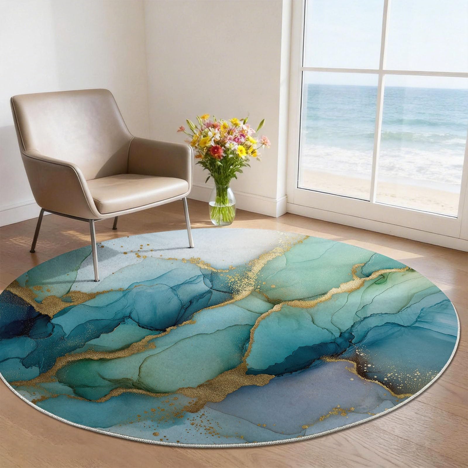 Tapis rond 180 cm effet marbre vert turquoise lavable en machine pour salon
