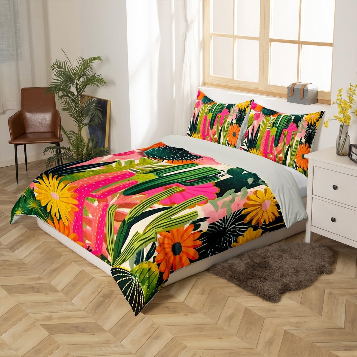 Erosebridal Cartoon Cactus Duvet Cover King Size Boho Southwestern Botanical Bedding Set for Adults Teens Women Vintage Desert Plants Comforter Cover Mexican Colorful Bedclothes Room Decor
