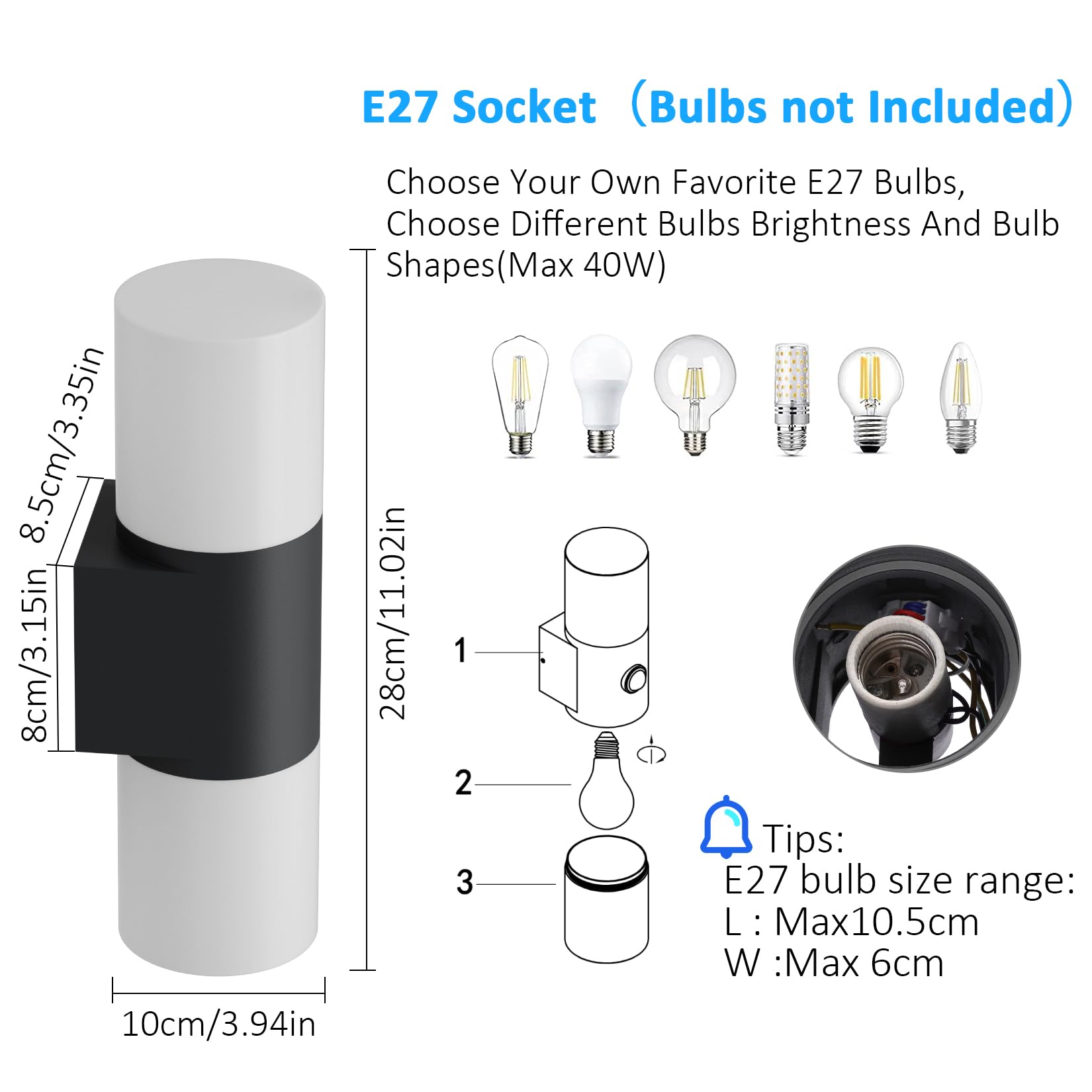 Klighten 2 Stück Außenwandleuchten E27 Up and Down, Wandleuchten Außen/Innen 2 flammig, Schwarz Außenlampe, IP65 Aussenlampe, Außenleuchte Aluminium, Wandlampe für Eingang Terrass, ohne Leuchtmittel