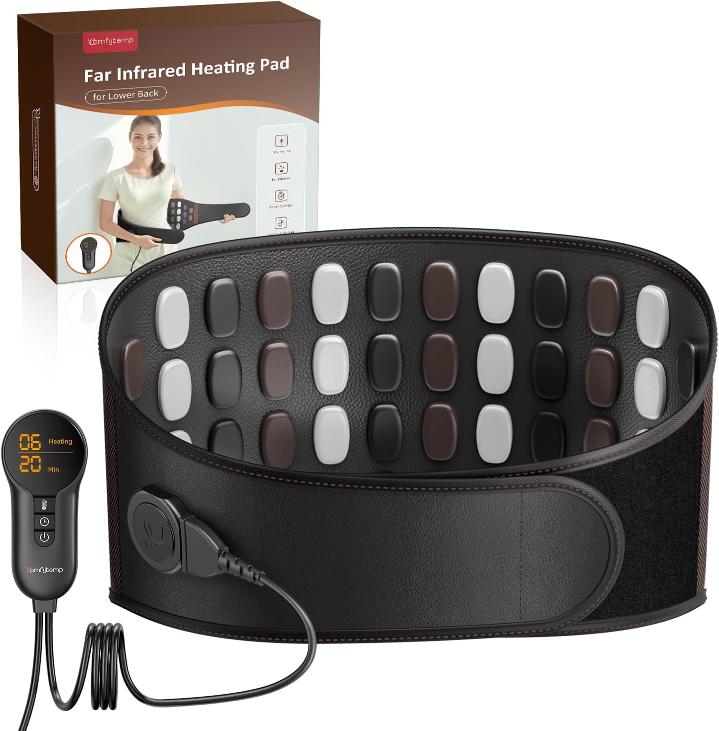 Comfytemp Far Infrared Back Heating Pad for Lower Back, FSA Eligible HSA 50 Tourmaline Natural Stones Deeper FIR Heated Waist Belt, 6 Heat 8 Timer, Birthday Gifts for Mom Dad(No Massage or Battery)