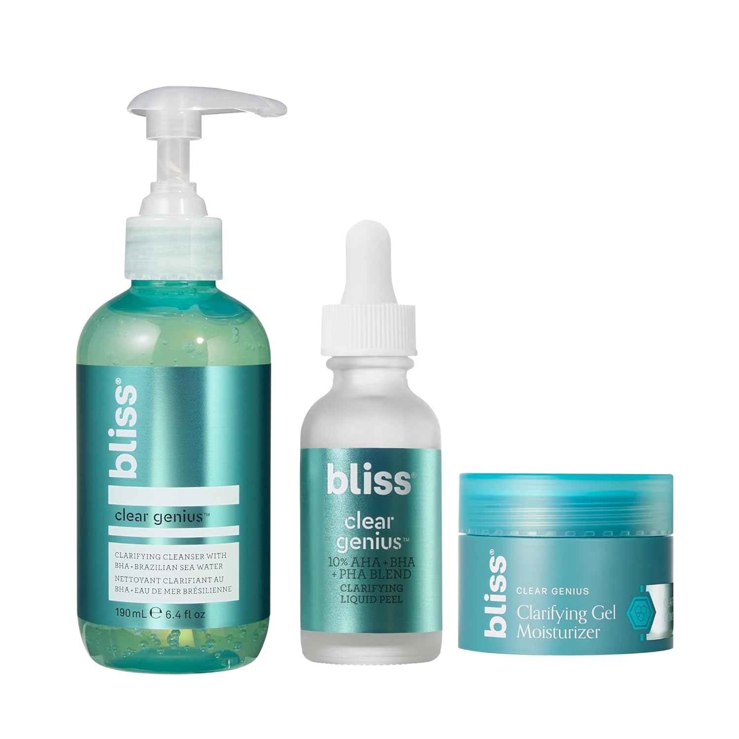 Bliss Clear Genius 3-Step System: Clarifying Overnight Liquid Peel, Clarifying Gel Cleanser, and Clarifying Gel Moisturizer with CLARITY 5 Complex