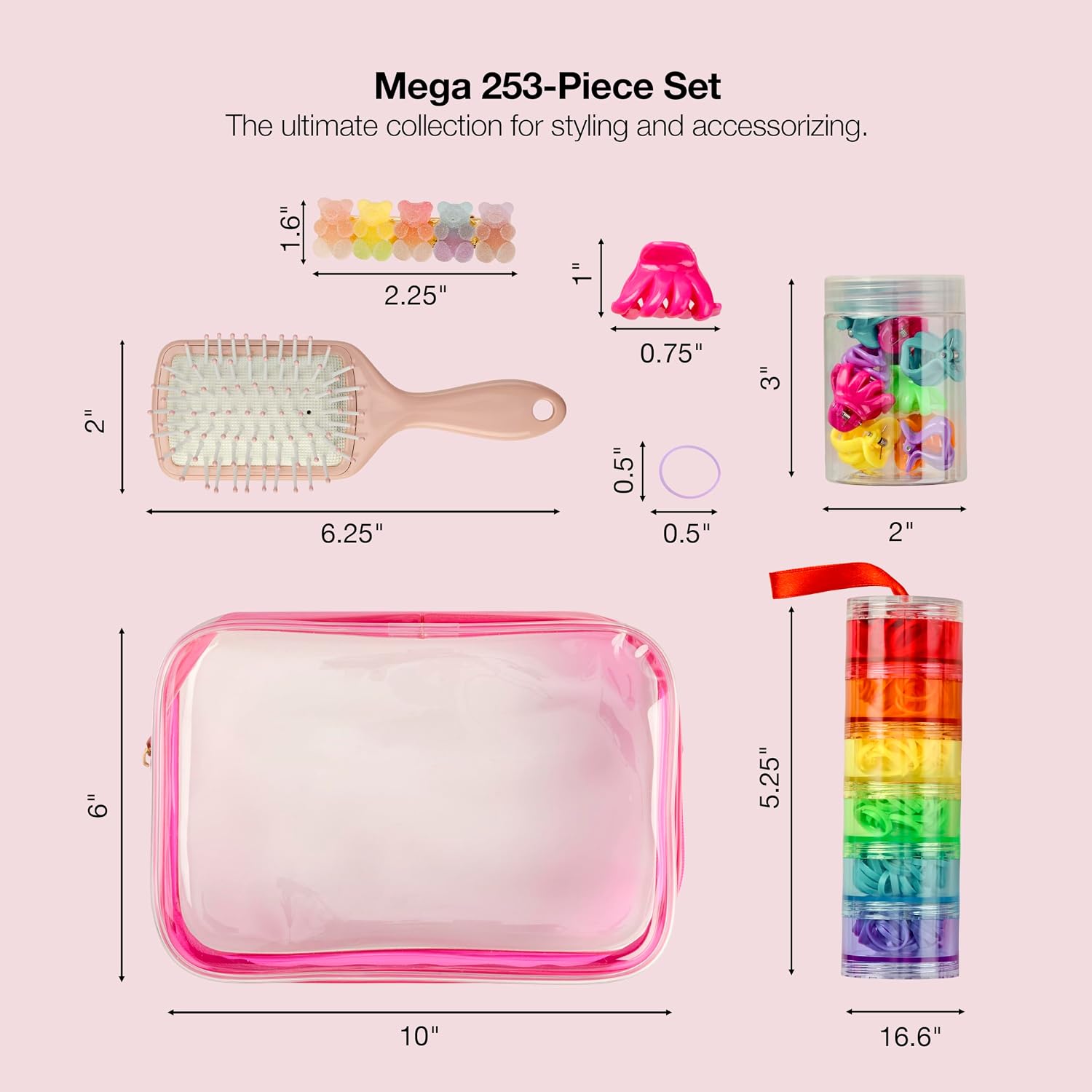 Scunci by Conair Hair Accessories Kit for Women, Hair Clips, Hair Ties & Mini Hair Brush Set, Travel Hair Essentials with Rainbow Polybands & Clear-Sided Storage Pouch, Pink image 4