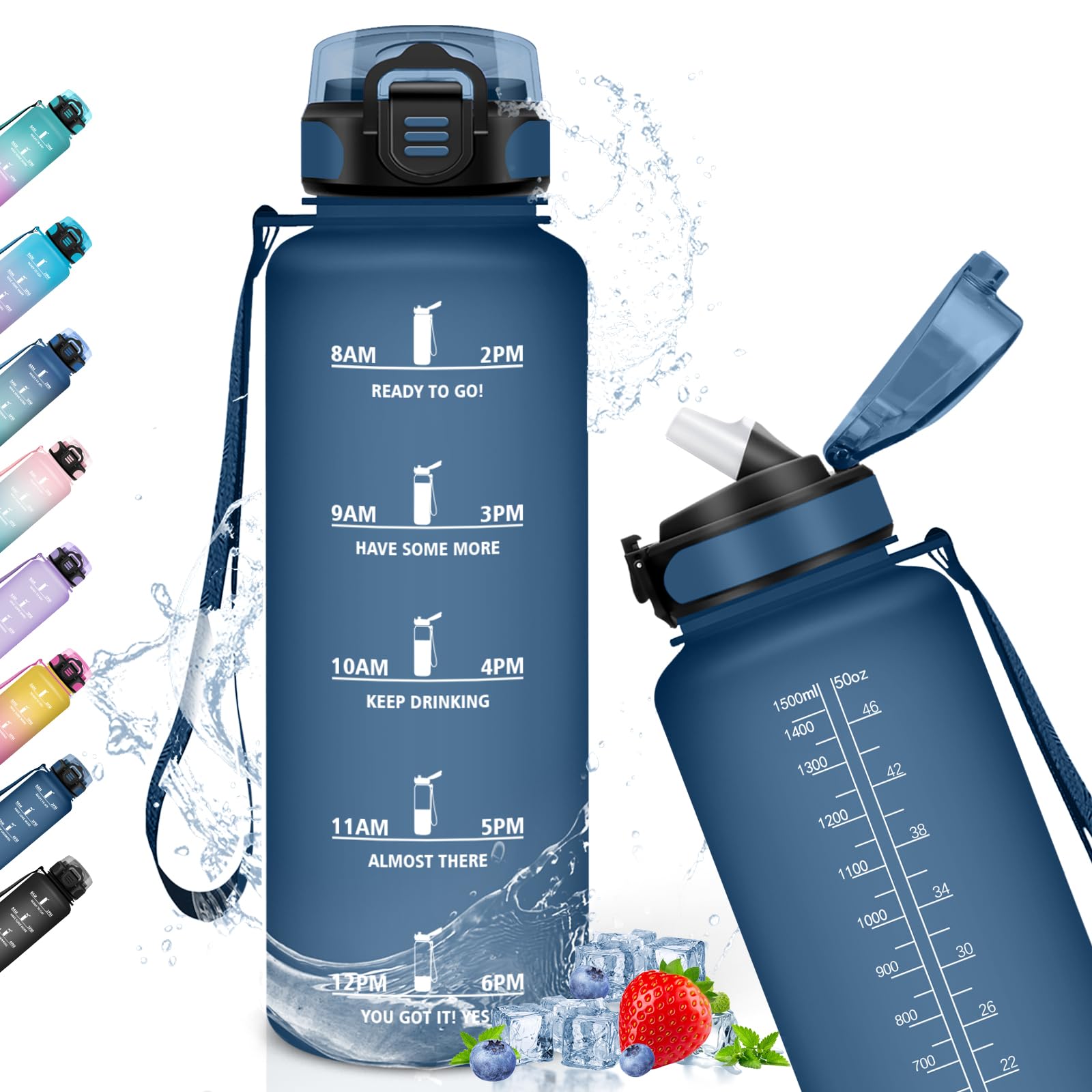 Grsta Drinking Bottle, 1.5 Litres, Sports Water Bottle with Motivational Slogan, Bottle with Straw, Leak-Proof, Water Bottle for Bike, School, Girls, Boys, Fitness