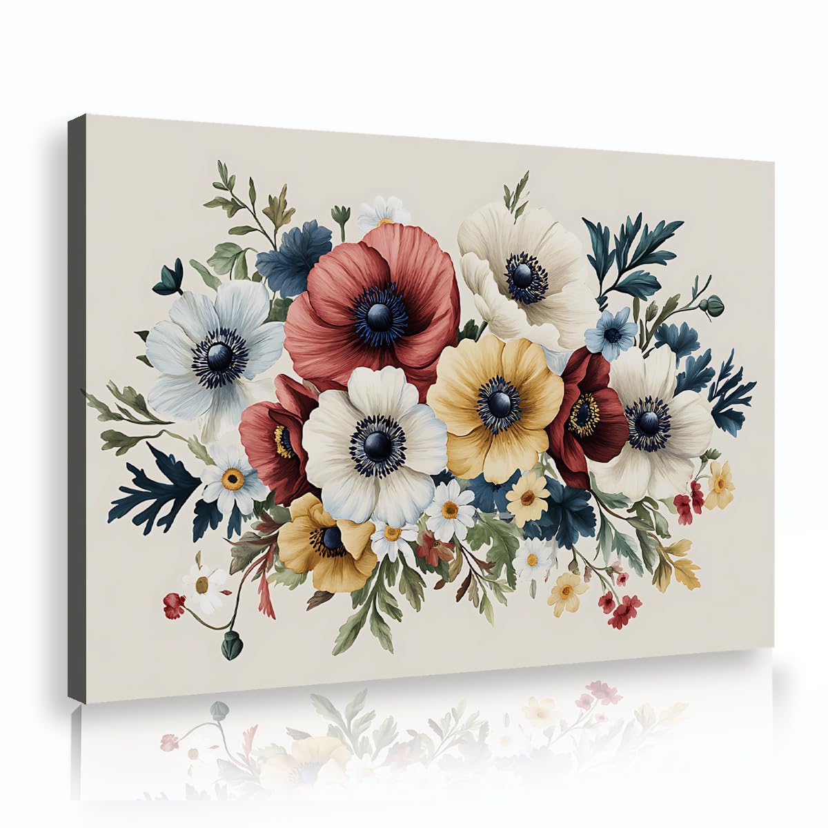 Via Vela Fbh02 Vintage Botanical Canvas Wall Art Red White Anemone Flower Bouquet Painting Cottagecore Floral Meadow Print For Guest Room Dining Room Restaurant Decor 50X75cm