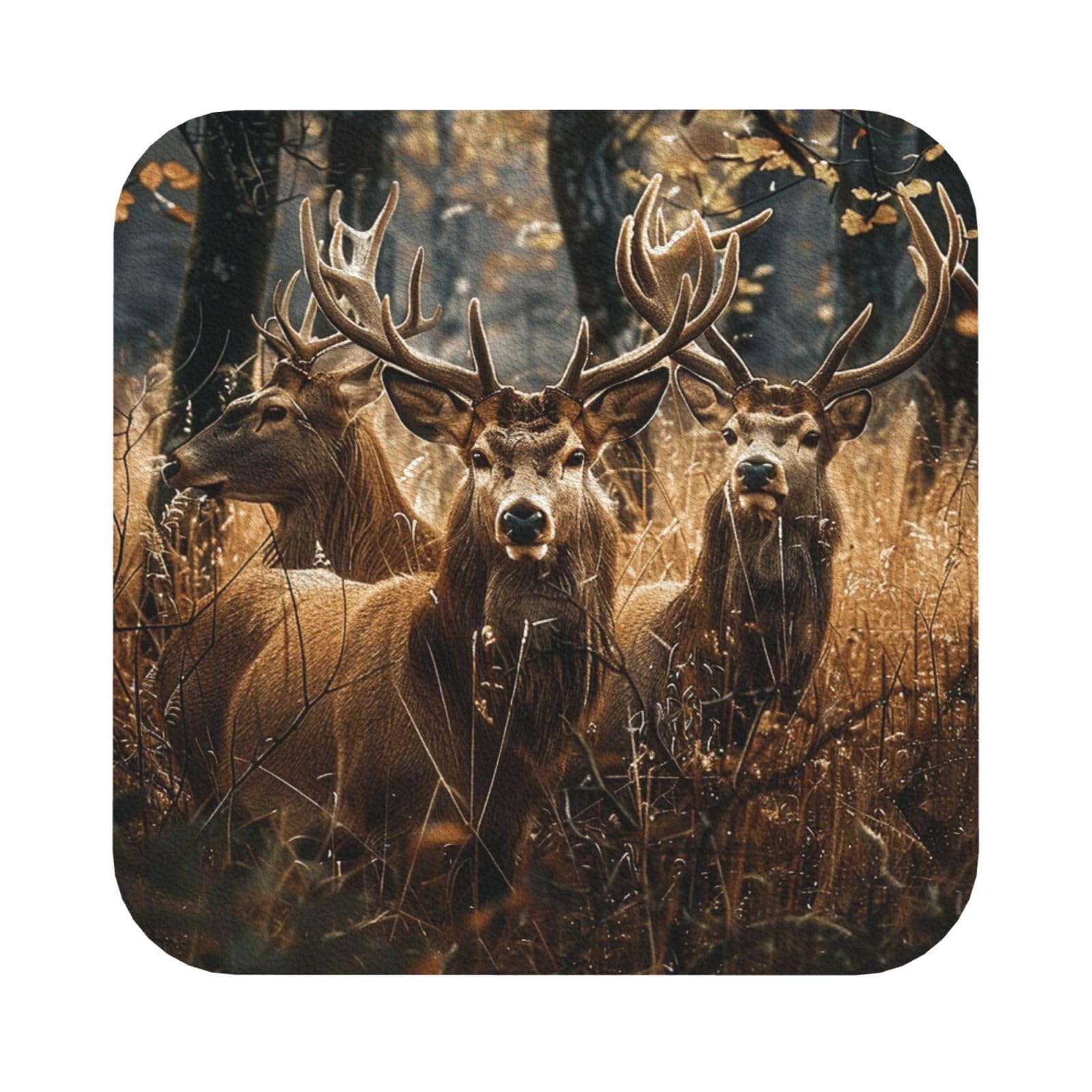 Nature wild Animal Deers Print Leather Coaster Set of 6, Square Coasters Table Decorative Coffee Cup Beverage Coasters Wine Beer Bar Coasters for Hot Drinks Table Protection