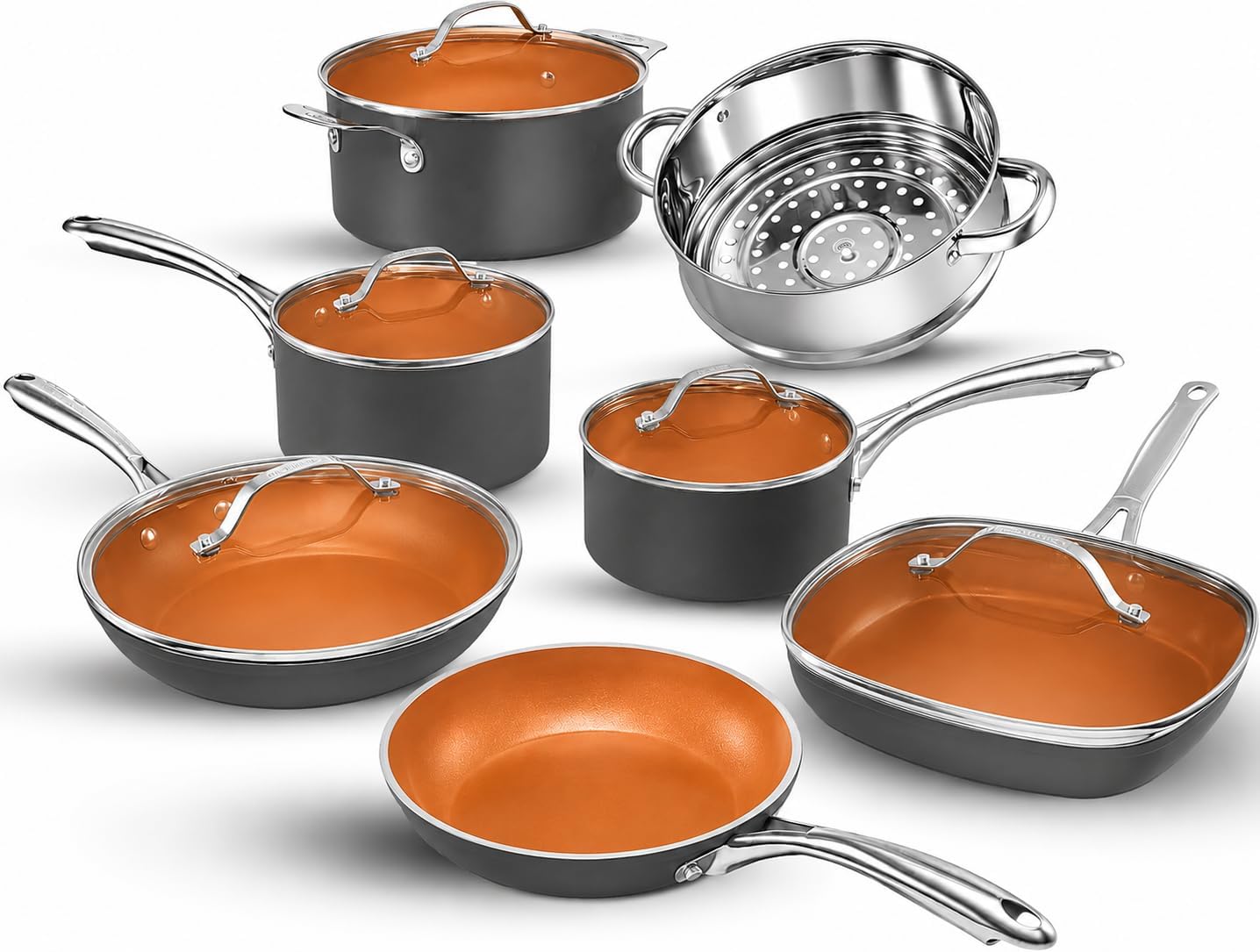 Gotham Steel 12 Pc Ceramic Cookware Set Nonstick, Ceramic Pots and Pans Set Non Stick with Steamer for Cooking, Non Toxic PFOA PFOS Free, Ergonomic Stay Cool Handles, Oven & Dishwasher Safe, Copper | Non Toxic PFOA/PFOS/PTFE Free Ceramic & Titanium Coating, Stay Cool Stainless Steel Handles, Dishwasher & Oven Safe, Copper