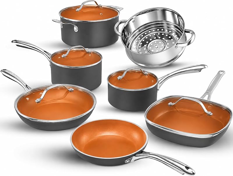 Gotham Steel 12 Pc Ceramic Cookware Set Nonstick, Ceramic Pots and Pans Set Non Stick with Steamer for Cooking, Non Toxic PFOA PFOS Free, Ergonomic Stay Cool Handles, Oven & Dishwasher Safe, Copper | Non Toxic PFOA/PFOS/PTFE Free Ceramic & Titanium Coating, Stay Cool Stainless Steel Handles, Dishwasher & Oven Safe, Copper