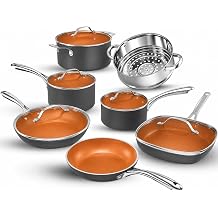 Gotham Steel 12 Pc Ceramic Cookware Set Nonstick, Ceramic Pots and Pans Set Non Stick with Steamer for Cooking, Non Toxic PFOA PFOS Free, Ergonomic Stay Cool Handles, Oven &amp; Dishwasher Safe, Copper | Non Toxic PFOA/PFOS/PTFE Free Ceramic &amp; Titanium Coating, Stay Cool Stainless Steel Handles, Dishwasher &amp; Oven Safe, Copper