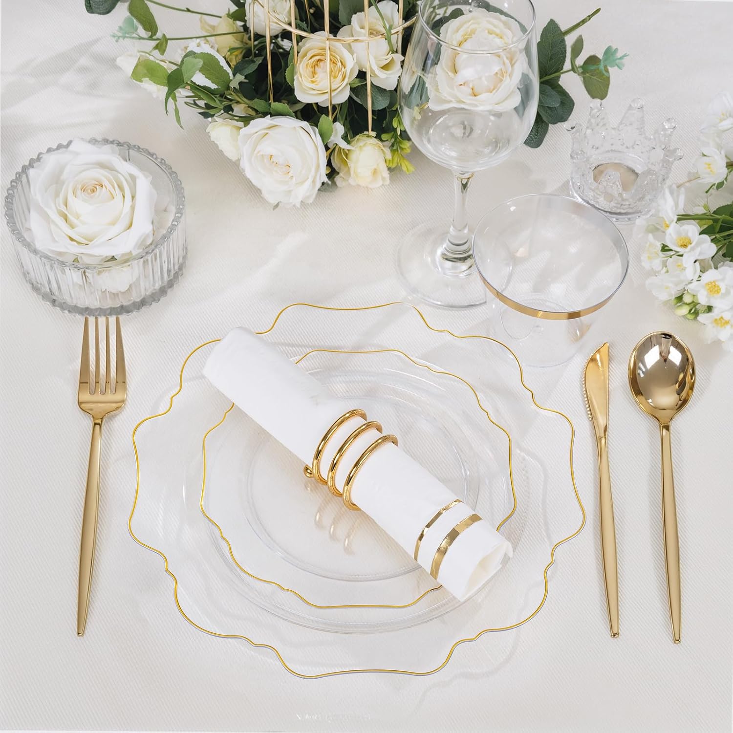 WDF 350Pcs Clear and Gold Plastic Plates - Heavy Duty Clear Plates Disposable - Gold Dinnerware Sets of 100 Plastic Plate 150Silverware 50 Cups 50 Napkins for Wedding Baby Shower Spring