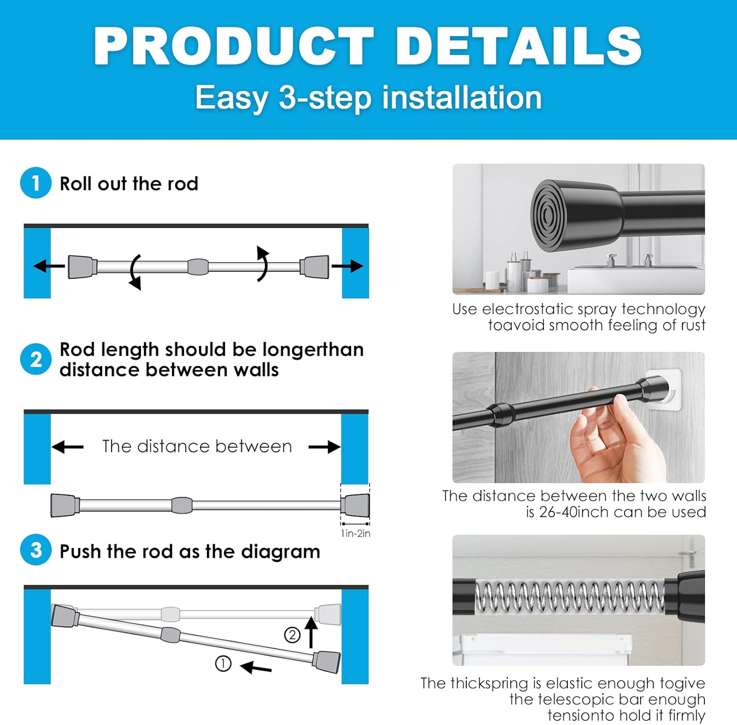MEXAU 1Pack Spring Tension Curtain Rod 26-39 inch Spring Tension Rods Black Curtain Rods Adjustable Spring Rod Extendable Tension Rod For Kitchen, Bathroom, Window, Bookshelf,Closet. : Home & Kitchen