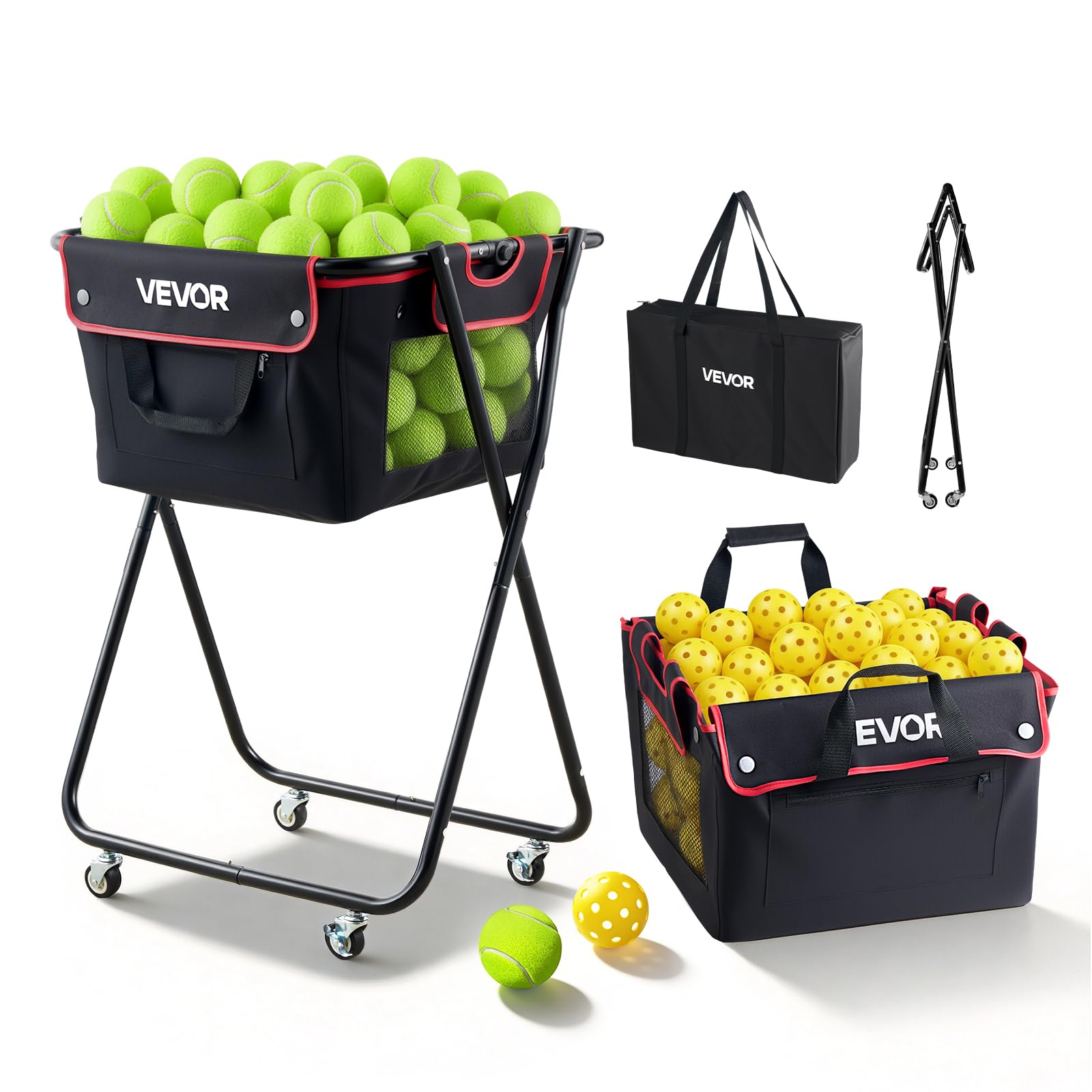 VEVOR Panier à Balles de Tennis avec roulettes, Capacité de 175 Balles de Tennis ou 290 Pickleballs, Chariot Pliable Ramasse-Balles en Acier, Panier Portable pour Entraînement, avec Sac de Rangement