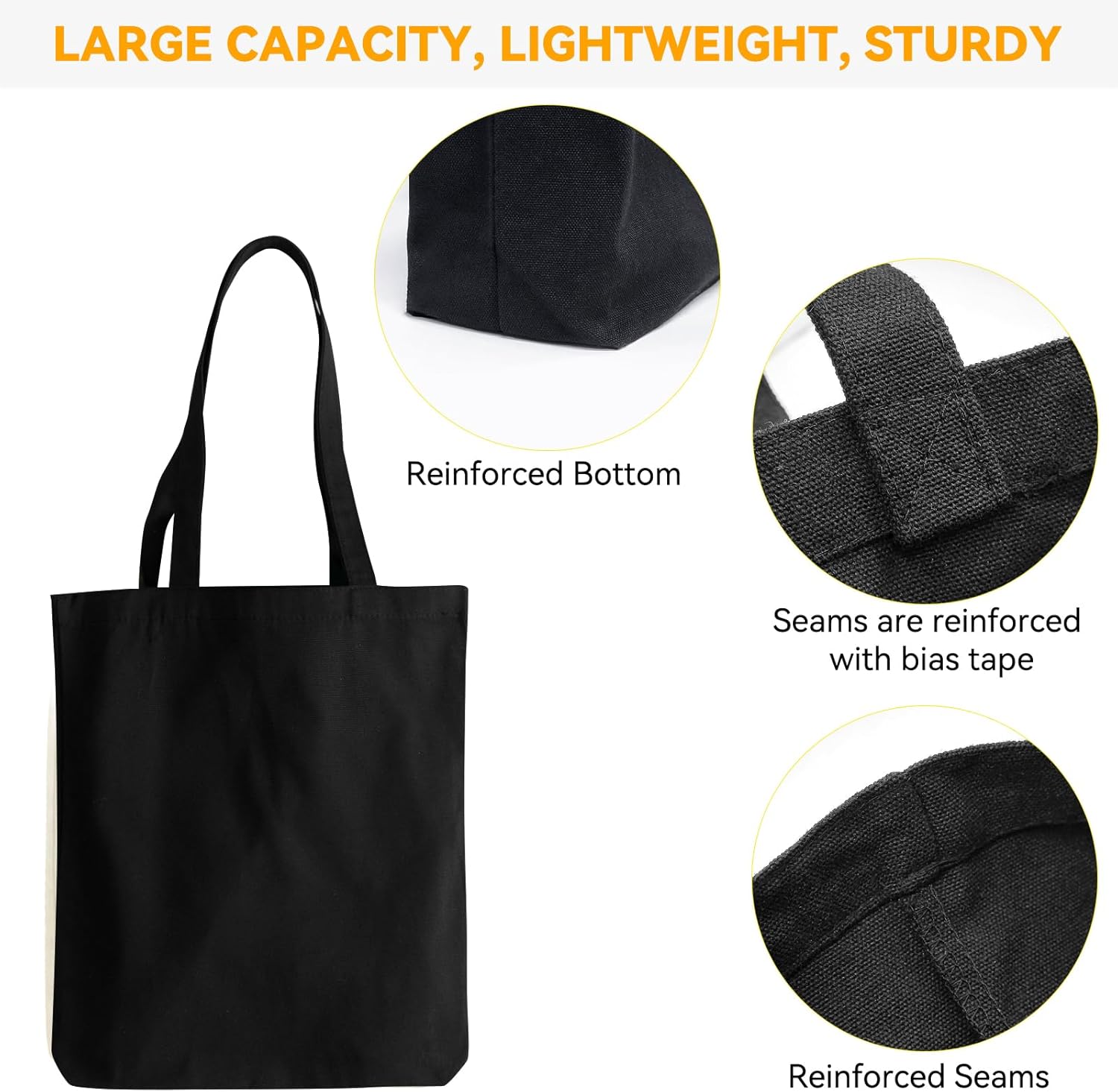 Faylapa 3 Pack Canvas Tote Bags,Heavy Duty Reusable Grocery Shopping Bag 12.2"x14.2" Blank Cotton Bags for Decorating Christmas Crafts DIY, Painting(Black) - Image 7