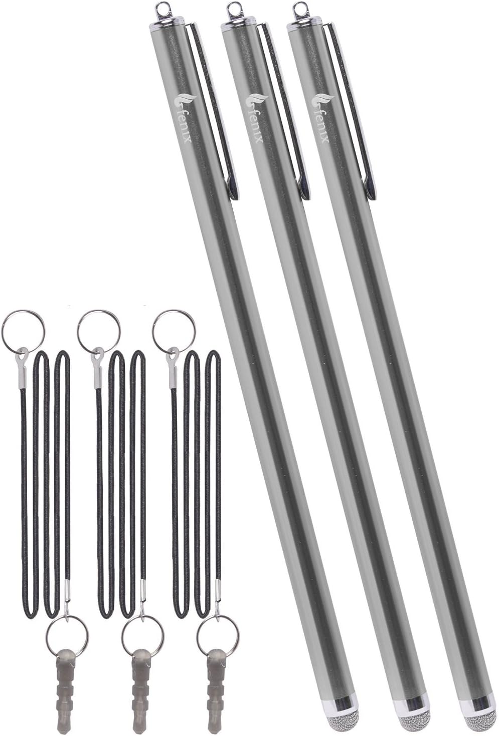 Fenix - Set of 3 Silver XXL Extra Long Stylus Pen [7.3"] with Micro Knit Hybrid Fiber Tip and Includes 15" Elastic Lanyard for iPhone 4,5,5c,6,6+,- iPad,iPad Air,iPad Mini, - Samsung Galaxy S4,S5,S6,Edge, Kindle Fire, Surface Pro and Much More