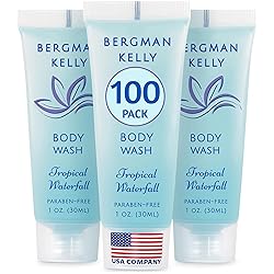 BERGMAN KELLY Travel Size Body Wash (1 fl oz, 100 PK, Tropical Waterfall), Delight Your Guests with an Invigorating and Refreshing Hotel Body Wash, Mini and Small Size Guest Hotel Toiletries in Bulk