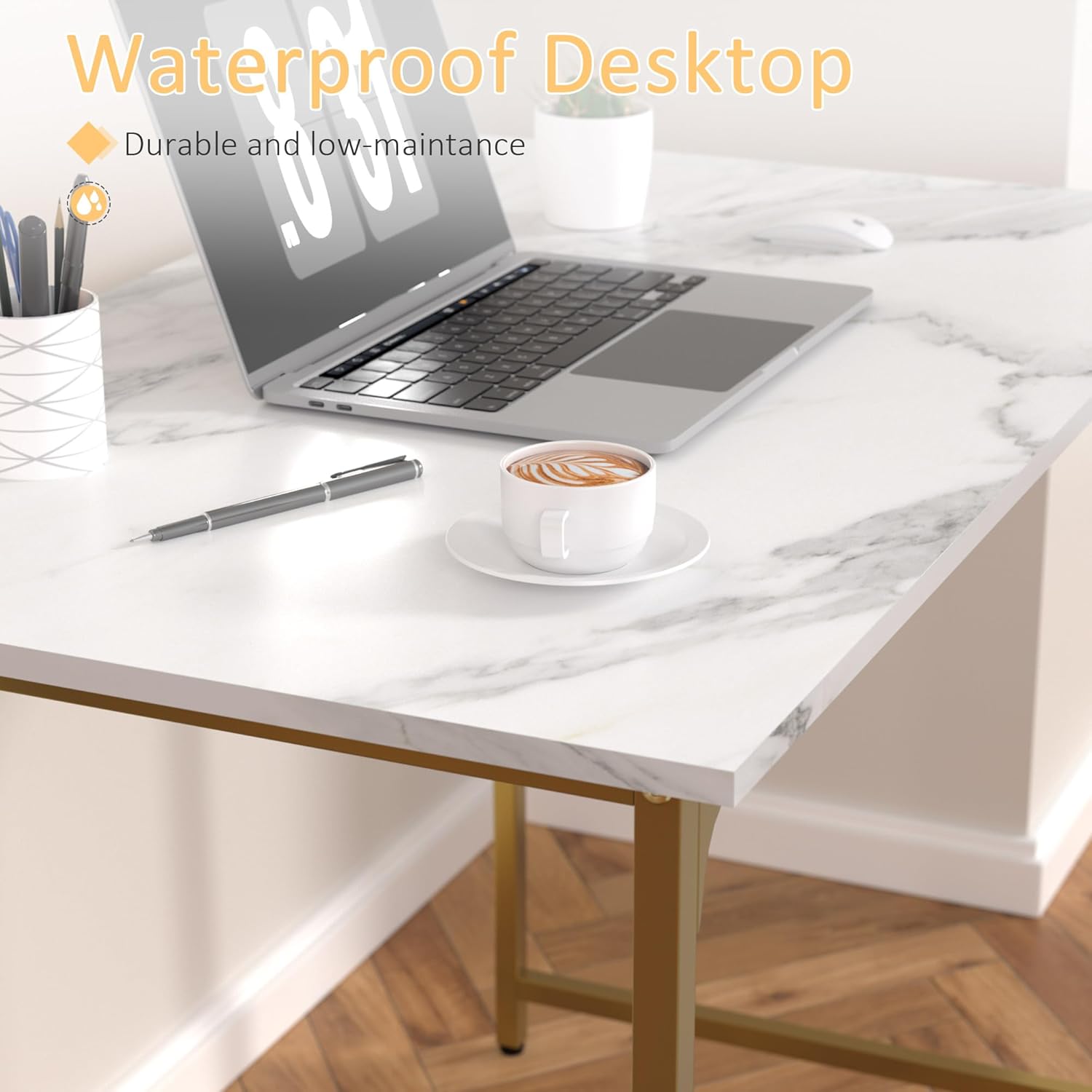 39 Inch Computer Desk with Wood Board and Metal Frame, Modern Simple Style Work Desk with Adjustable Feet, Study Gaming Desk Table for Home Office, Bedroom, Small Spaces