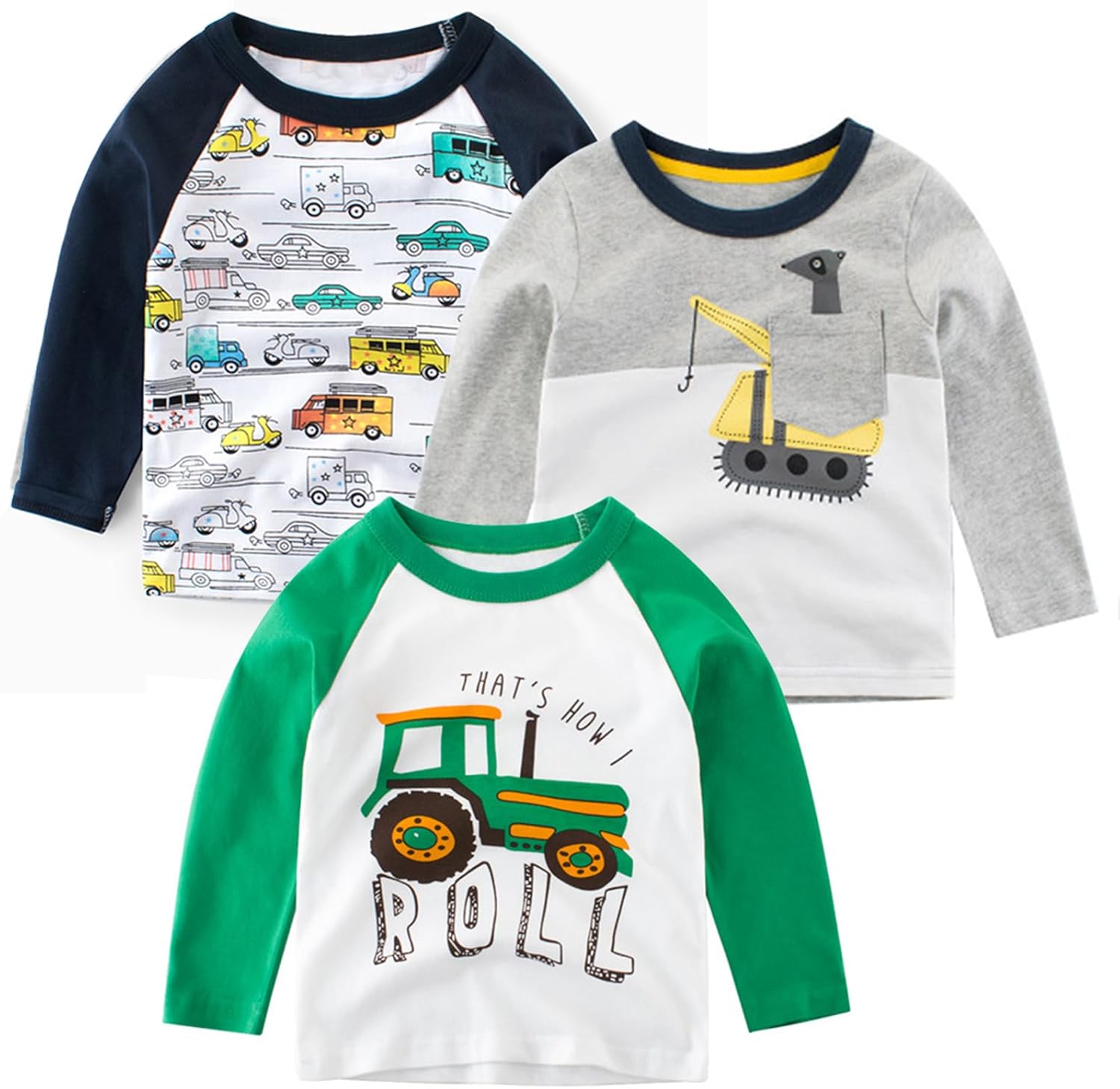 Toddler Boys 3-Pack Long Sleeve Excavator T-Shirt 100% Cotton Basic Tops Car Shirt