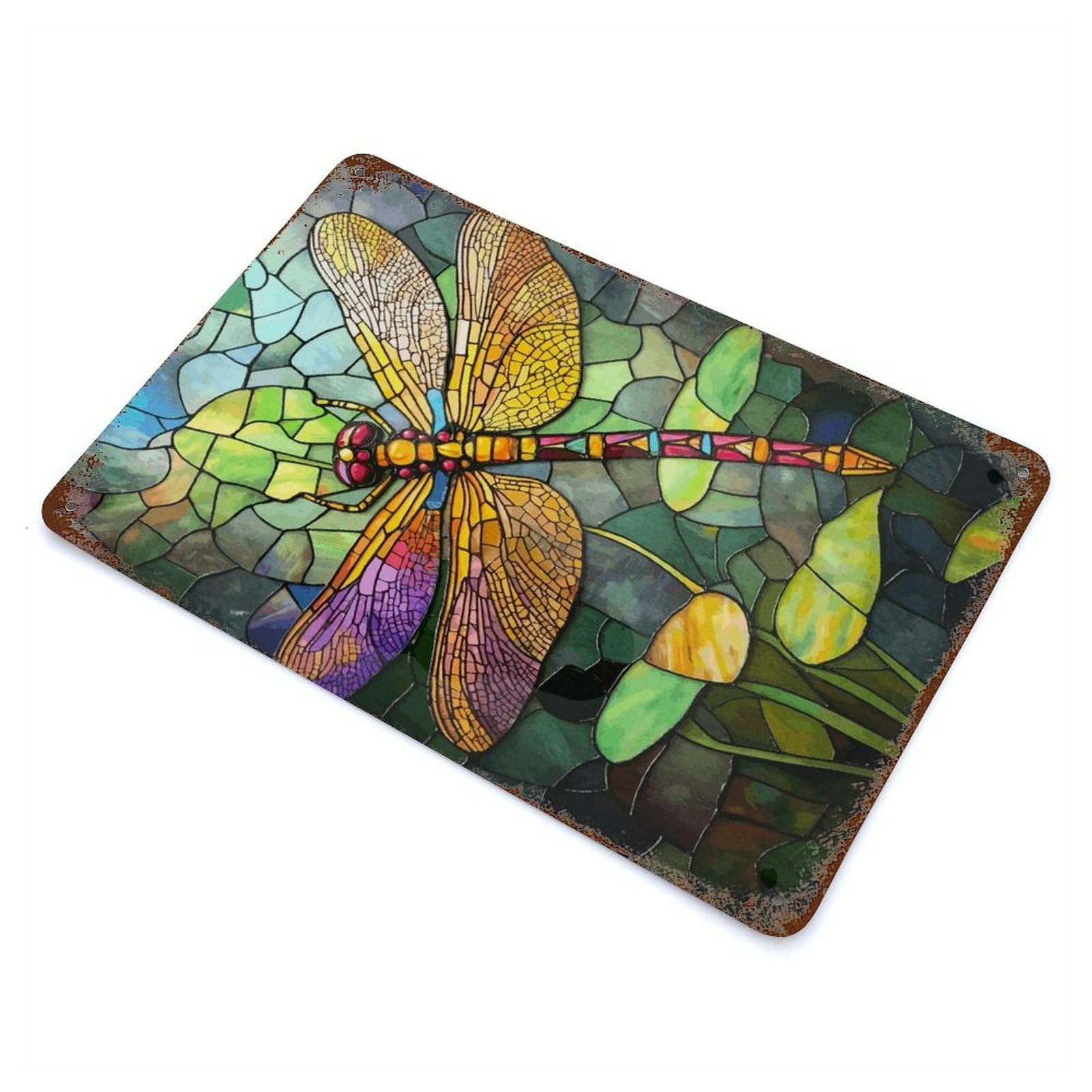 Stained Glass Dragonfly Decorative Tin Sign 11.8"x7.9", Retro Wall Decor for Living Room, Hallway And Home Decor