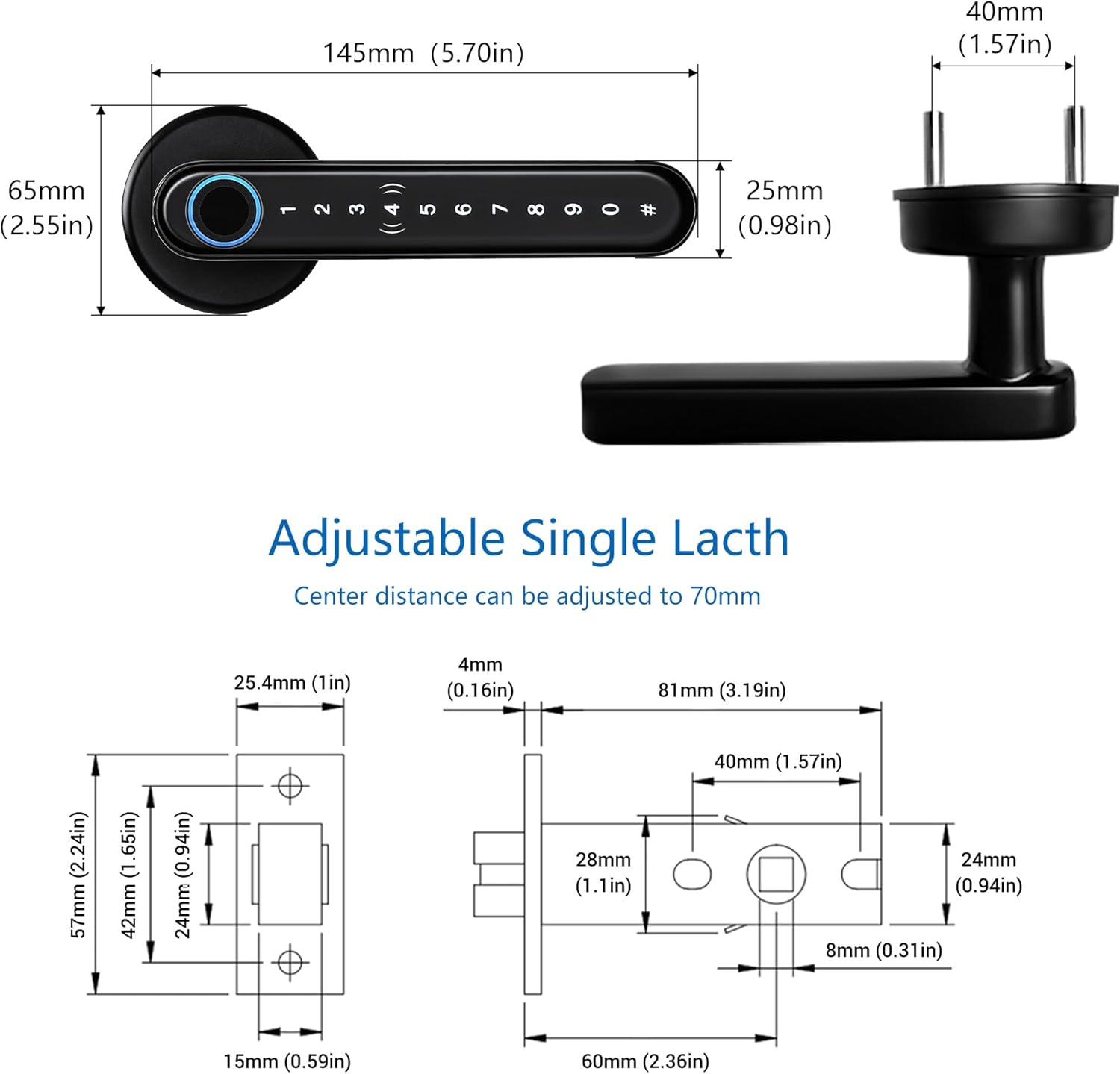 Detailed technical drawing of the smart lock dimensions and adjustable single latch mechanism.
