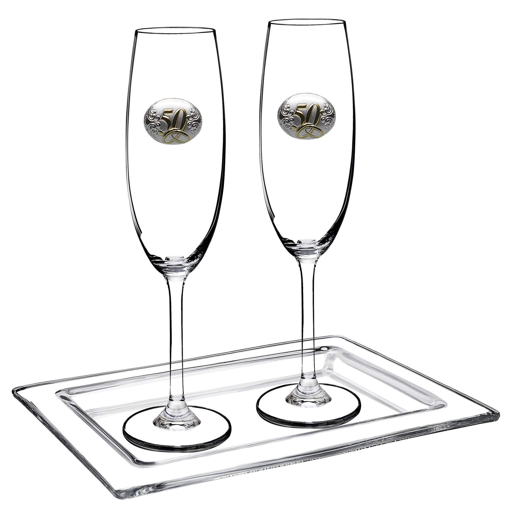 Gala&K | Set de 2 copas de cristal para champán+bandeja de cristal | Para novios | Bodas de plata/oro | Aniversarios | Aplique bilaminado | Colección GASTRO-50 ANIVERSARIO.