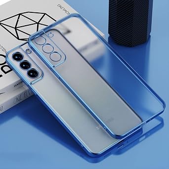 Fashionable Luxury Plated Square Frame Silicone Transparent Case for Samsung Galaxy S21 FES21 S22 Ultra S21 Plus Moss Clear Back Cover - Blue-For Galaxy S21 FE