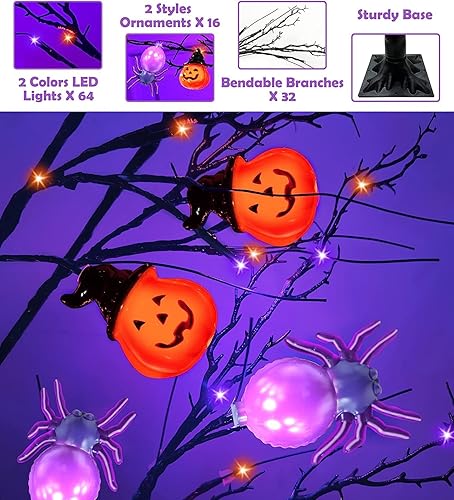 Miniatura 3 de TURNMEON Árbol de Halloween iluminado naranja y morado de 5 pies con temporizador, decoraciones de Halloween, árbol artificial espeluznante para