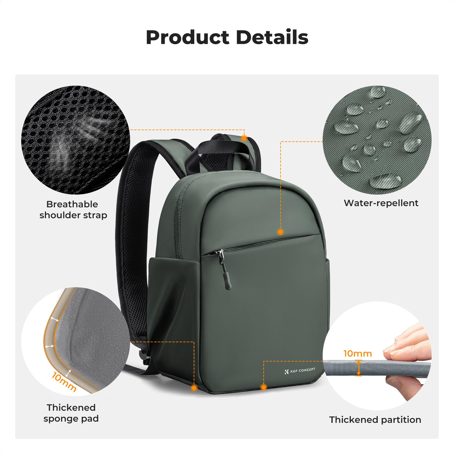 K&F CONCEPT Täglicher Kamerarucksack, Fotorucksack Klein Tragbar mit Verstellbarem Schultergurt für DSLR Kamera & Objektiv, Ideal für Alltag, Arbeit und Reisen (Dunkelgrün)