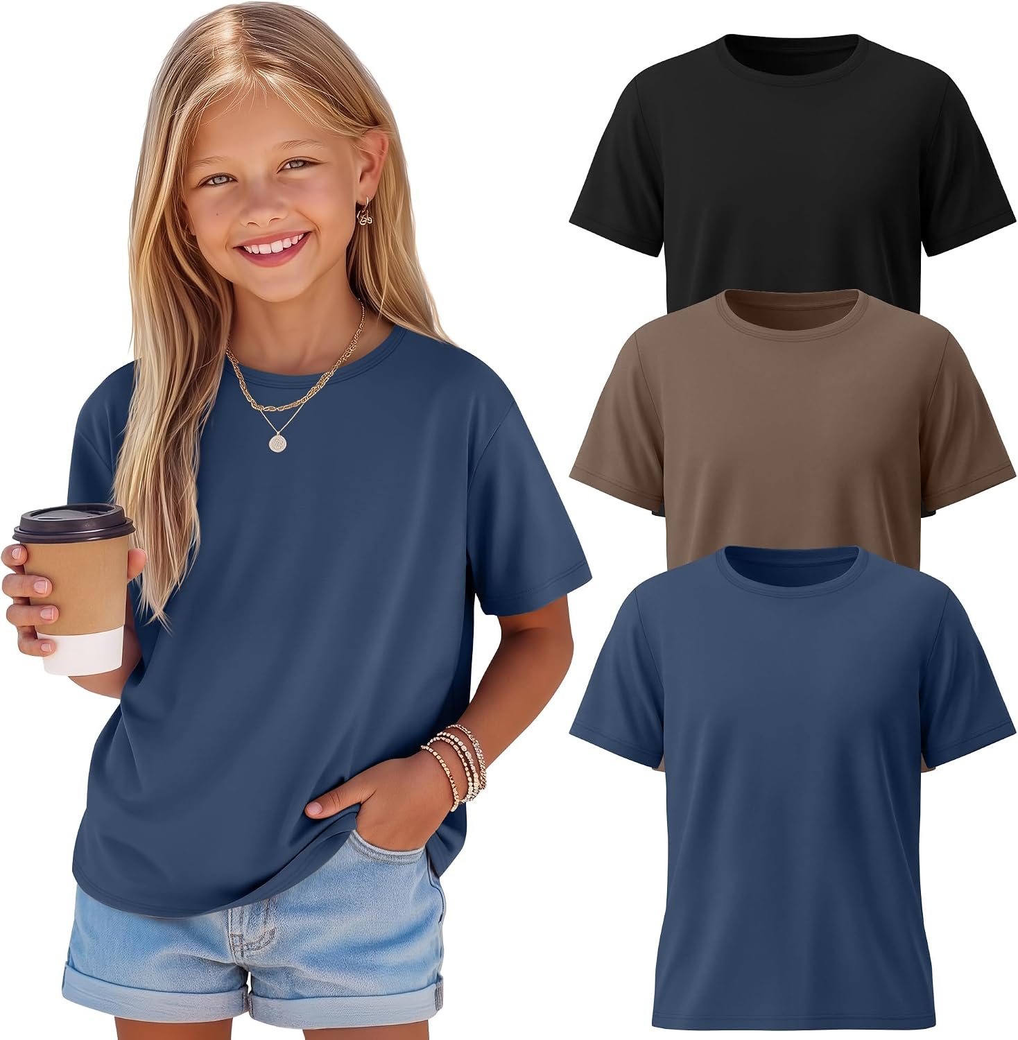 3 Pack Girls' Shirts Plain Summer Short Sleeve Shirts Crew Neck Tees Soccer Casual Kids Teen Top for Kids Ages 5-14