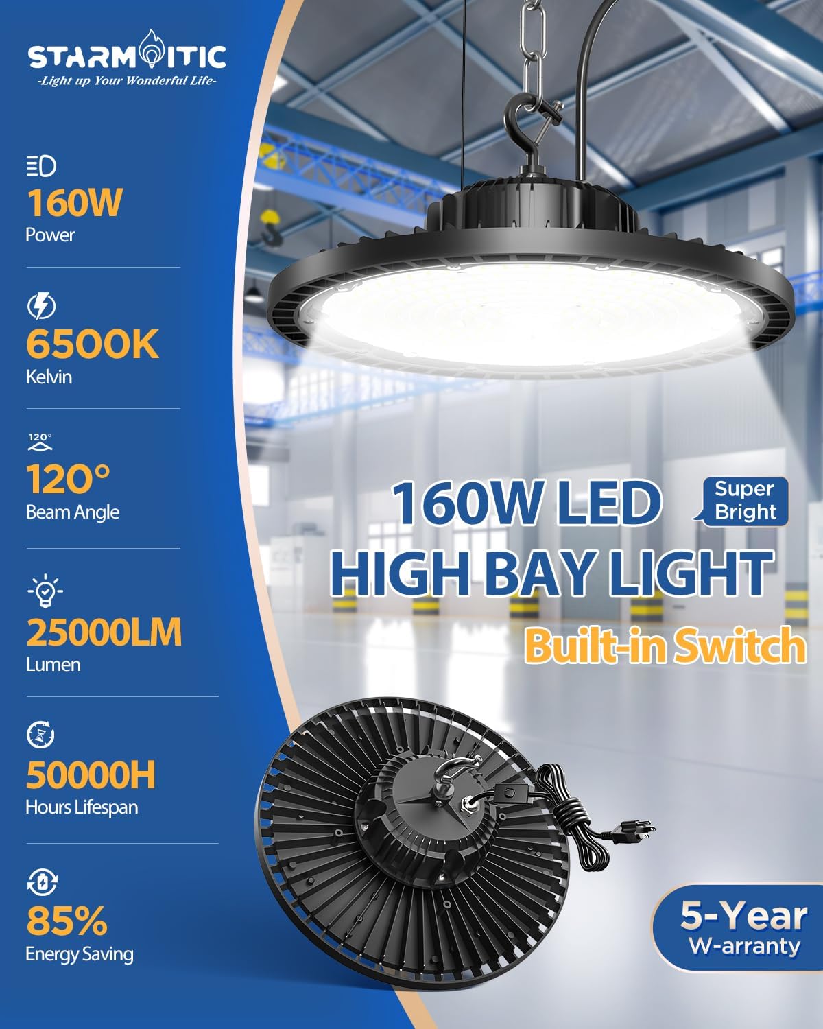 UFO LED High Bay Light with Switch, 160W 4 Pack 25000LM High Bay LED Shop Lights, Plug in Garage Lights w/ 6.6ft Power Cord, 6500K Hanging LED Lights for Workshop, Warehouse, Gym, Barn