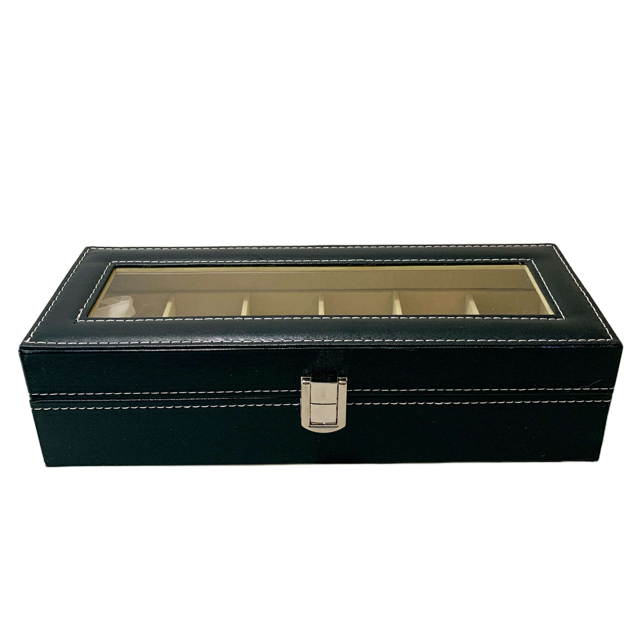 Caja organizadora de relojes de 6 ranuras con tapa de cristal, piel sintética, almohada extraíble, forro de terciopelo, cierre de metal