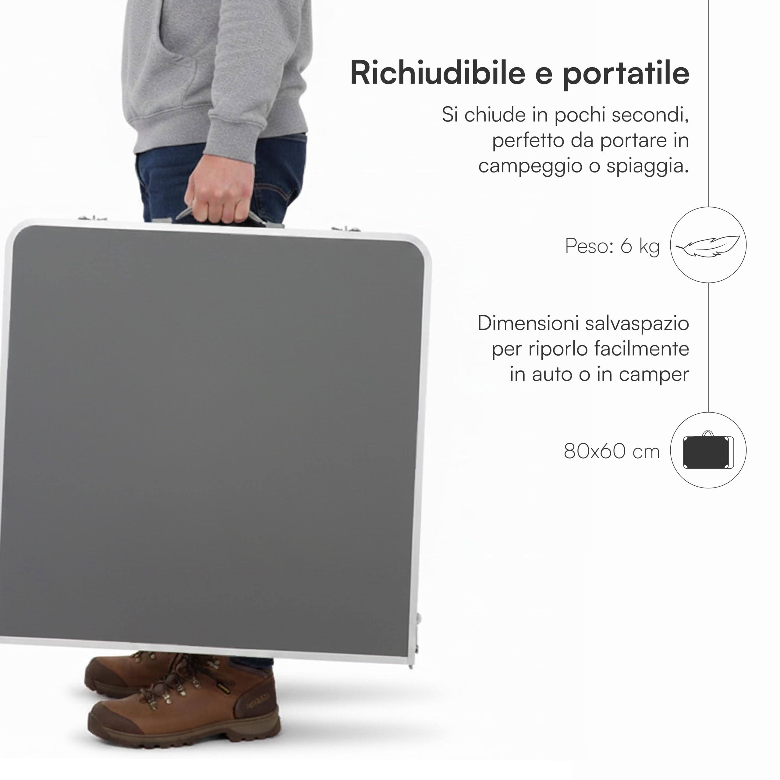 Baroni Home Tavolo Pieghevole da Campeggio con 4 Sedie Richiudibili, Tavolino Portatile in Alluminio con Piano in MDF, Leggero, Ideale per Campeggio, Spiaggia, Picnic e Outdoor, Tavolo Grigio 120 cm