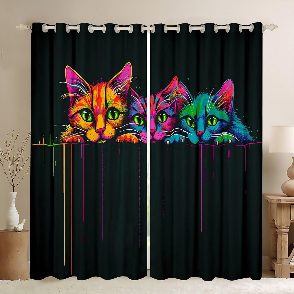 Erosebridal Colorful Cat Blackout Curtains 42" Wx84 L Neon Cats Curtains Cute Kitten Curtains & Drapes for Kids Boys Girls Teens Bedroom Funny Pet Animal Window Curtain 2 Panels Living Room Decor